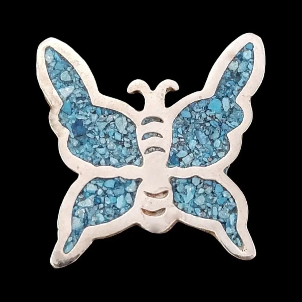 Vintage Alpaca Silver Crushed Turquoise Butterfly Brooch Pin